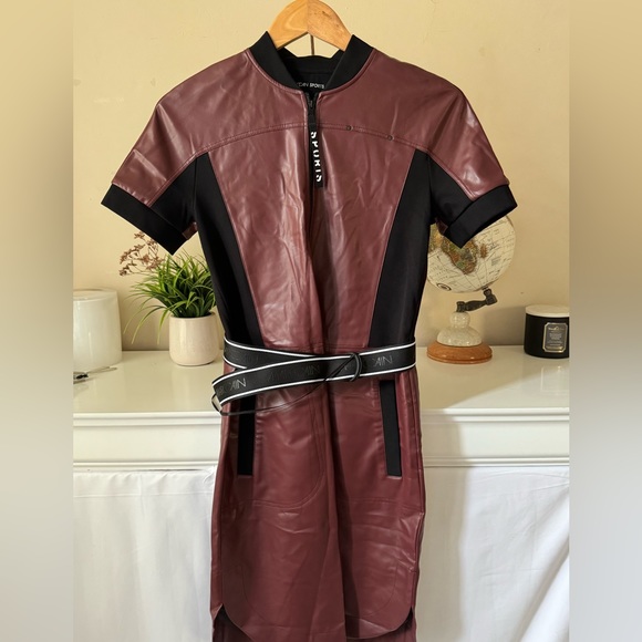 Marc Cain Sports Dress Faux Leather with Belt Burgundy Size N1 NWT - Picture 2 of 9